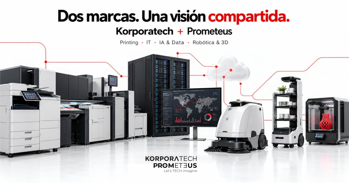 Áreas de Korporatech y Prometeus: Printing con Kyocera, IT Services, IA & Data y Prometeus Robotics con robótica y 3D.