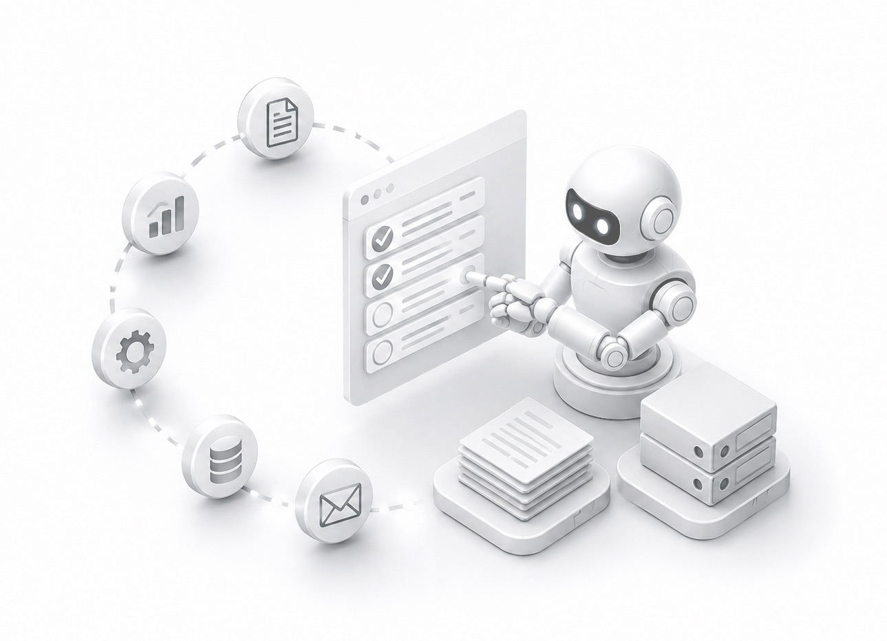 Robot marcando tareas en pantalla junto a un ciclo de iconos de proceso
